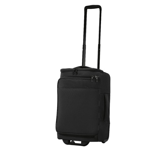 A black wheeled duffle bag with a retractable handle and zippers, featuring an exterior pocket and a logo.