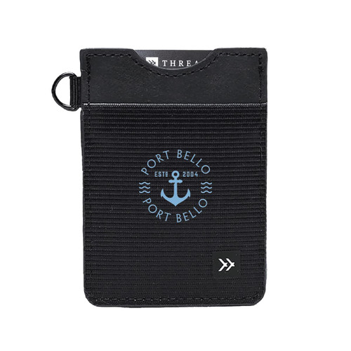A black vertical wallet featuring a logo, with a textured design and a keyring attachment.