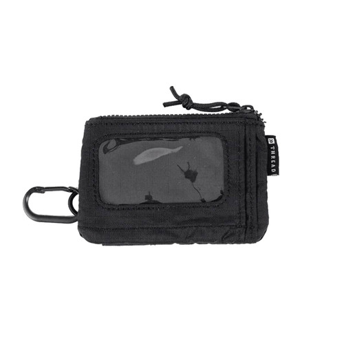A black pouch wallet with a clear window and a carabiner clip, featuring a simple design and a branding logo.