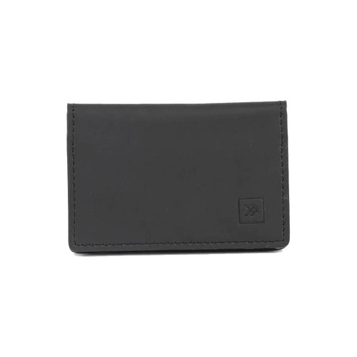 A black bifold wallet with a simple design and stitching, featuring a small logo on the front.