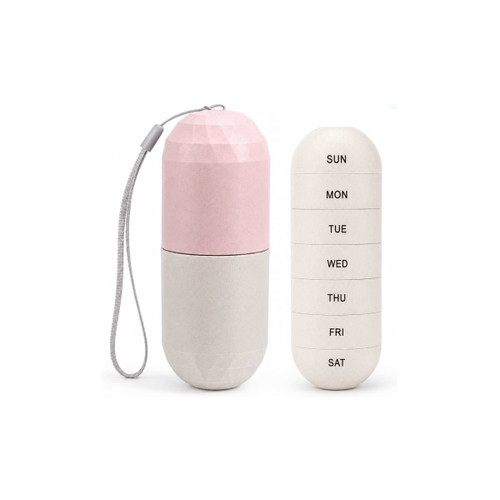 A capsule-shaped pills organiser in pink and grey with compartments for each day of the week and a wrist strap.