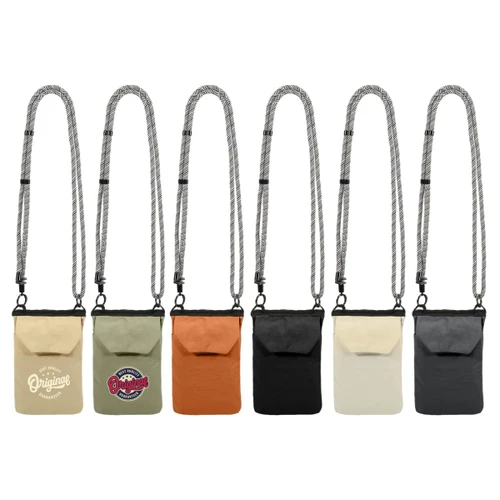 A collection of minimalist crossbody phone bags in green, orange, grey, black, and cream, featuring adjustable straps and logos.