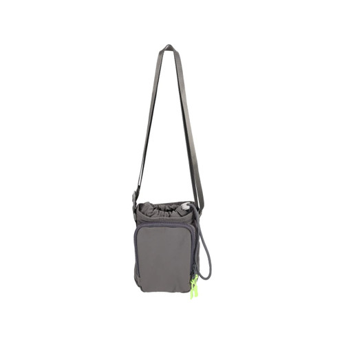 A drink bottle holder with a strap in grey and bright green accents, featuring a zipped pocket and a logo.