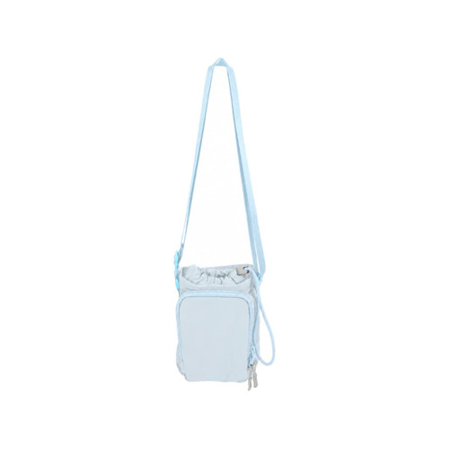 A drink bottle holder with a light blue strap, featuring a drawstring closure and a small front pocket.