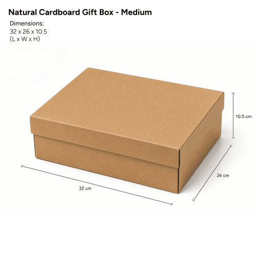 A medium natural cardboard gift box in a brown finish, with dimensions of 32 x 26 x 10.5 cm.