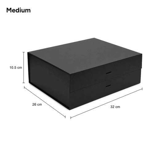 A medium-sized black gift box with a ribbon, featuring two drawers and dimensions of 26 cm by 32 cm by 10.5 cm.