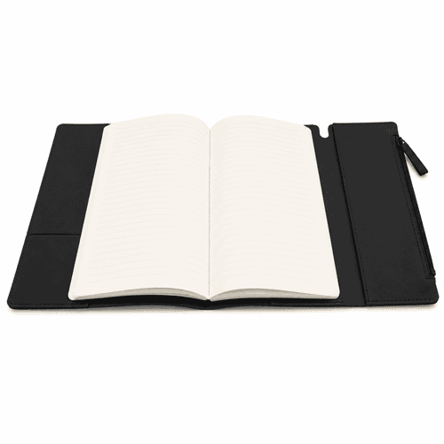 A black soft-touch PU leather notebook featuring an empty lined interior and a zippered pocket on the side.