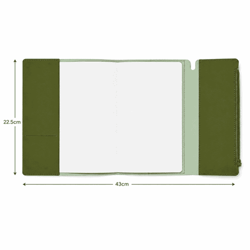 An olive green soft-touch PU leather notebook with an elastic closure, two inner pockets, and a zippered compartment.
