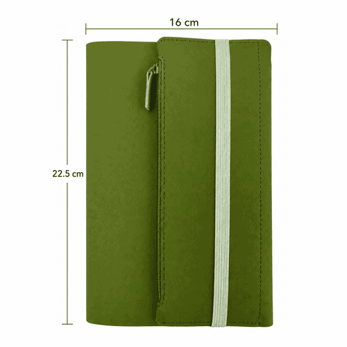 A green executive soft-touch PU leather notebook with a zippered pocket and an elastic band. Dimensions: 16 cm x 22.5 cm.