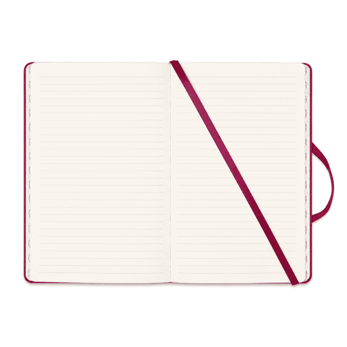 A textured red PU hard cover notebook with lined pages and a ribbon bookmark. It features a matching strap and branding.
