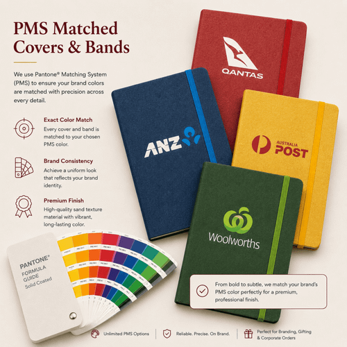 A collection of five notebooks with textured covers in various colours, each featuring a logo and a matching colour guide.