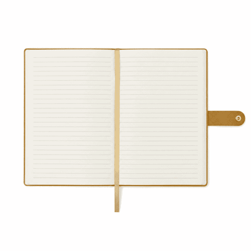 A prestige hardcover notebook in a tan colour, featuring lined pages and a ribbon marker. It includes a leatherette closure.
