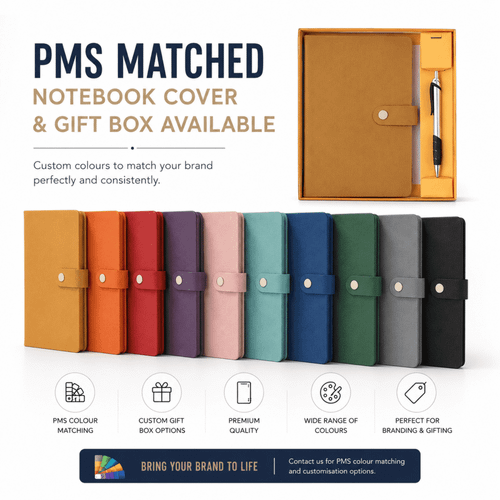 A gift set featuring a hardcover notebook and pen in various colours, presented in a customisable gift box with a logo.