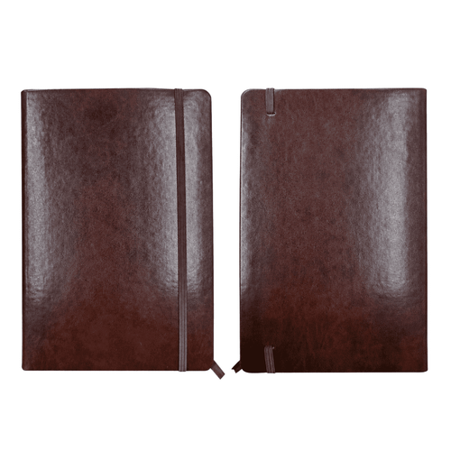 A dark brown soft cover notebook with a pen pouch, featuring a sleek and smooth finish. It includes a logo.