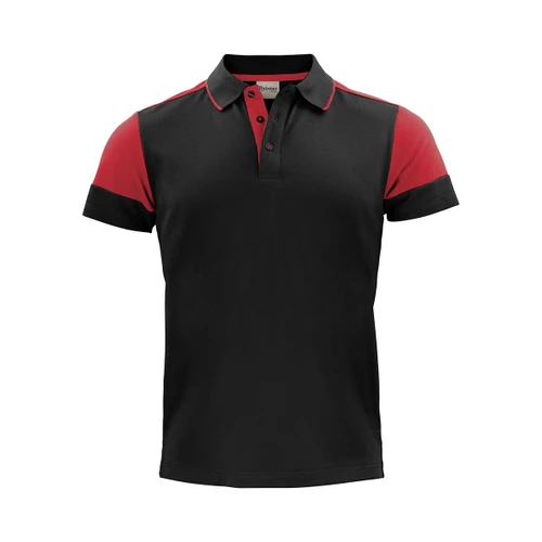 A black and red polo shirt with a collar, short sleeves, and a logo on the chest.