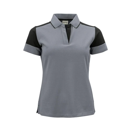 A women's polo shirt in grey with black sleeves and collar, featuring a subtle design and a logo.