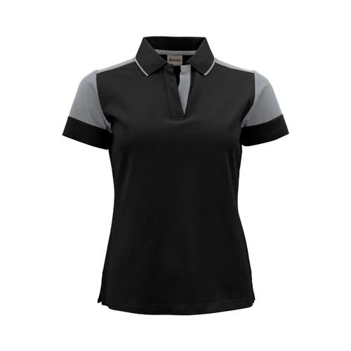 A women's black and grey polo shirt with short sleeves and a collar, featuring a logo.