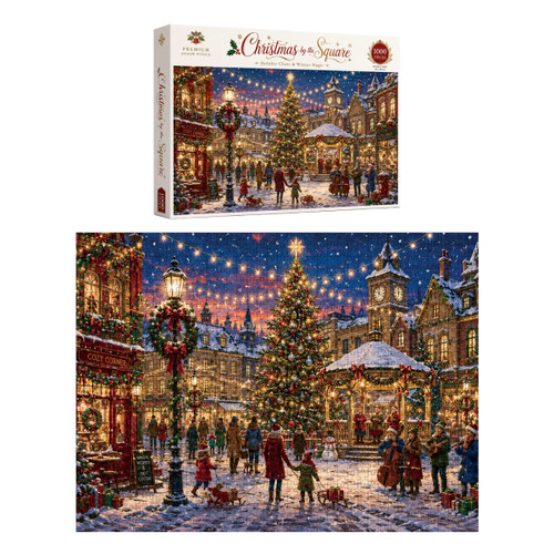 A colourful jigsaw puzzle featuring a festive winter scene with a decorated Christmas tree and snow-covered streets.