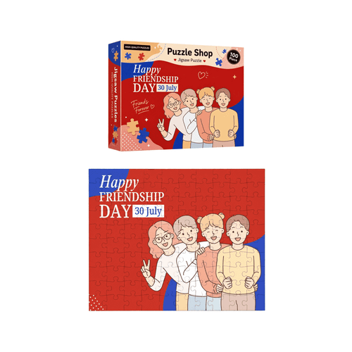 A custom gift box containing a jigsaw puzzle featuring a colourful design with four cartoon friends and a red background.