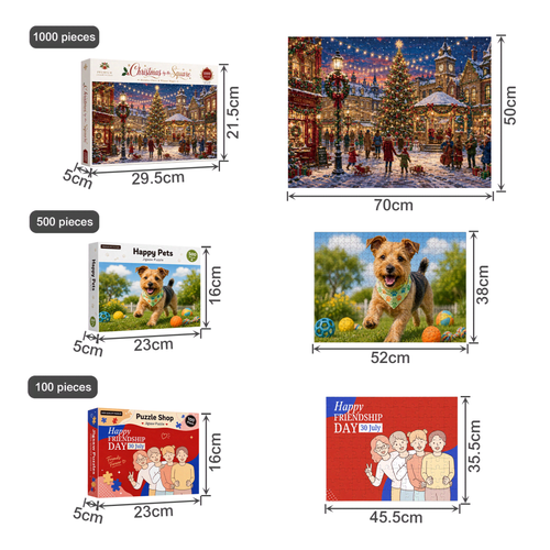 Custom gift box jigsaw puzzles in various designs, including festive and pet themes, featuring vibrant colours and different piece counts.