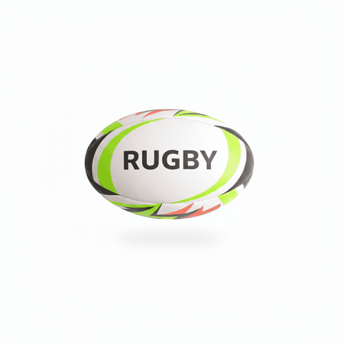 A rugby ball in white, green, and black, featuring a logo and vibrant coloured detailing.