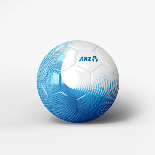 A white and blue soccer ball featuring a logo, displaying a gradient design.