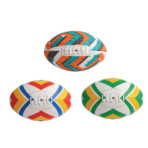 A set of three children’s AFL training balls in vibrant colours: orange, teal, red, yellow, and green patterns.