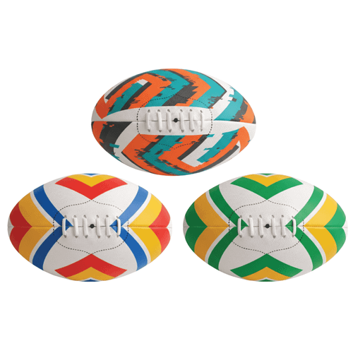 Three AFL training balls in vibrant designs of orange, teal, yellow, blue, green, and white, featuring logos.