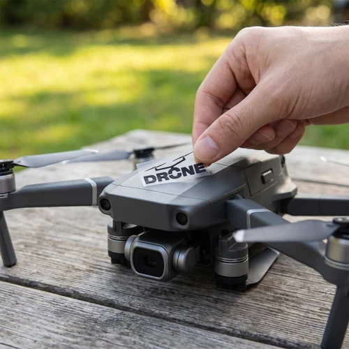 A drone with grey and black components is being adjusted by a hand on a wooden surface outdoors.