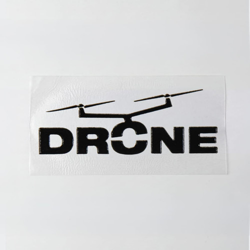 A 40 x 20mm sticker featuring a black drone graphic and the word "DRONE" on a white background.
