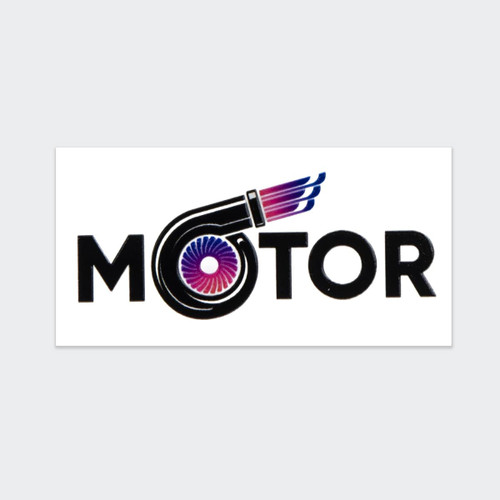 A sticker featuring a black graphic of a turbocharger with colourful accents and the word "MOTOR" in bold, black letters.