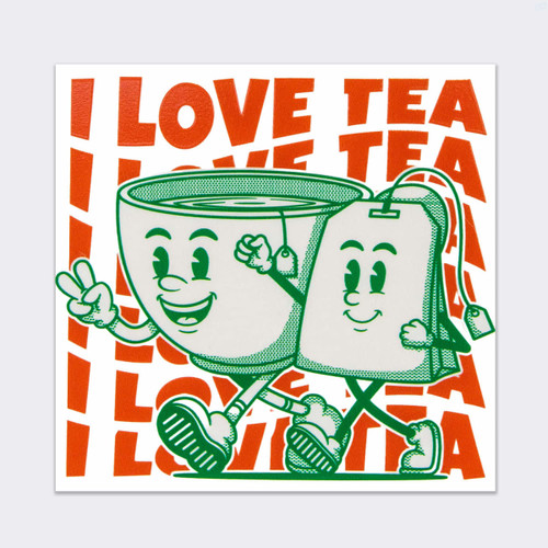 A green and white sticker featuring cheerful tea characters with orange text proclaiming love for tea. It has a logo.