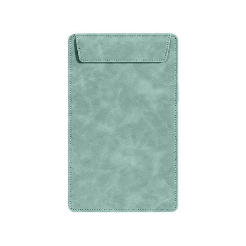 A5 magnetic clipboard in a soft green colour with a textured surface and a pocket flap at the top.