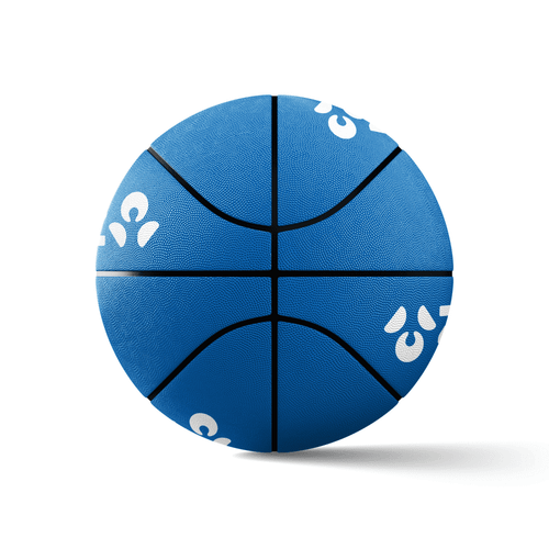 A blue promotional basketball with black lines and a logo. The surface has a textured design for grip.