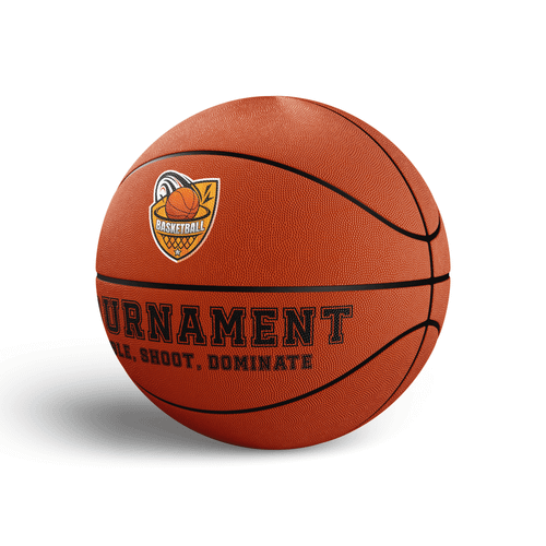 A promotional basketball in orange with a textured surface and a logo. Features black text along the bottom.