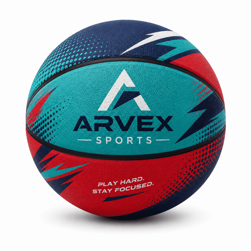 A basketball in blue, red, and teal with a textured surface and a logo.