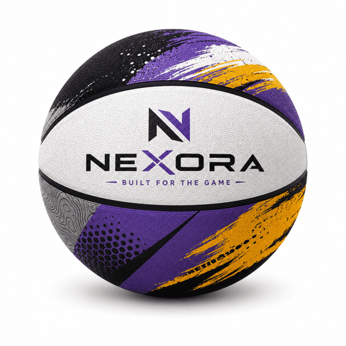 A colourful children's basketball in purple, black, white, and grey with a logo featured prominently.