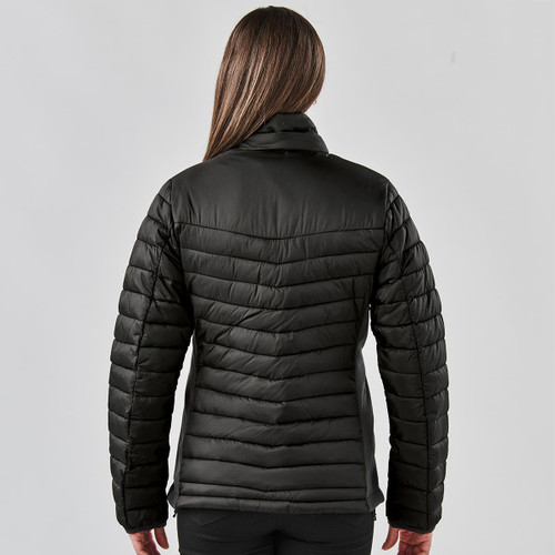 A black women's Montserrat thermal jacket featuring a quilted design and a collar, viewed from the back.