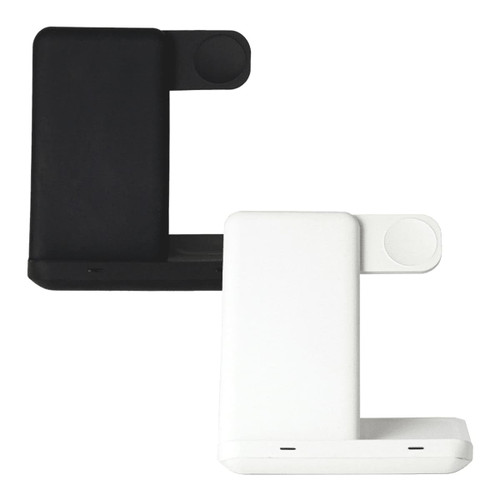 A wireless charger in black and white, featuring multiple charging surfaces and a sleek design.