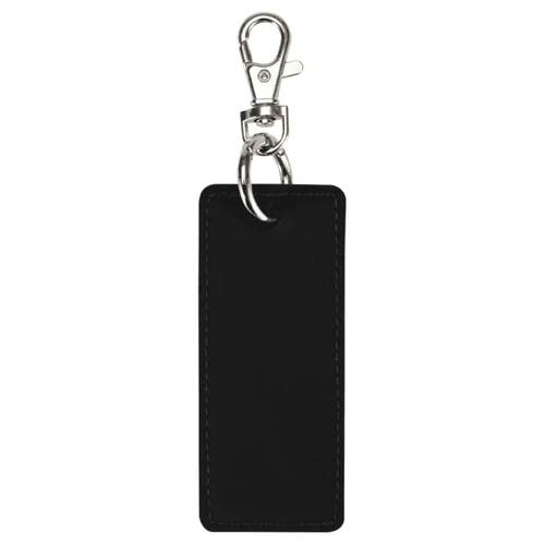 A black rectangle keychain with a metallic clip and ring, featuring a smooth finish and stitching details.