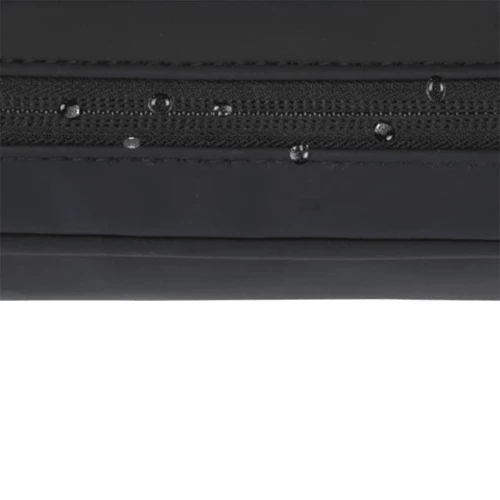 A black tech pouch featuring a textured zipper with beads of water on its surface. It has a logo.