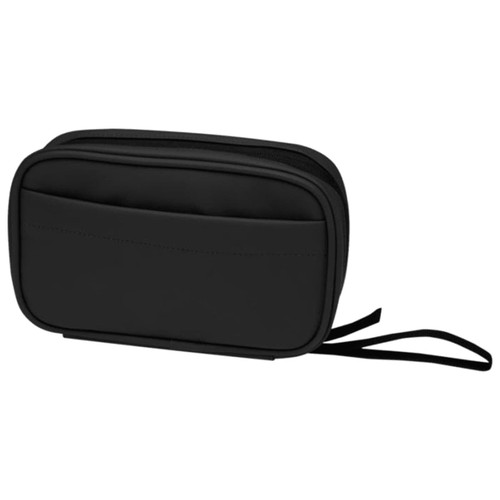 A black tech pouch with two compartments and a carry strap, featuring a subtle logo on the exterior.