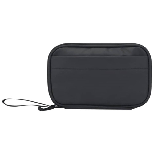 A black recycled tech pouch with a zip closure and a wrist strap. It has one outer pocket and a logo.