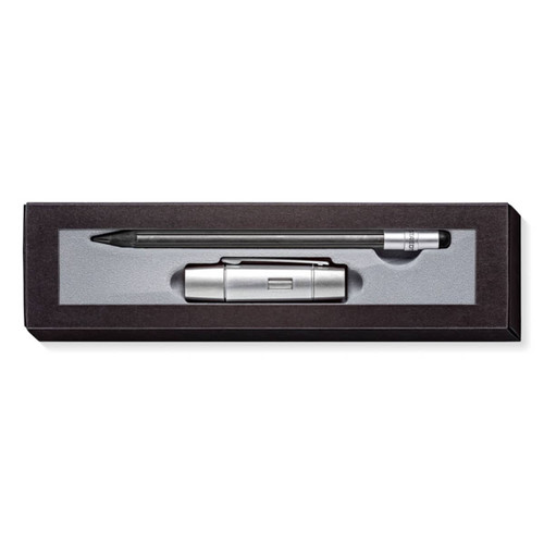 A sleek pencil set in a black box, featuring a silver pencil and a silver pen with a stylish design.