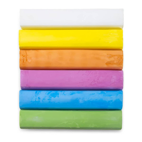 A set of assorted sidewalk chalk featuring white, yellow, orange, pink, blue, and green pieces stacked together.