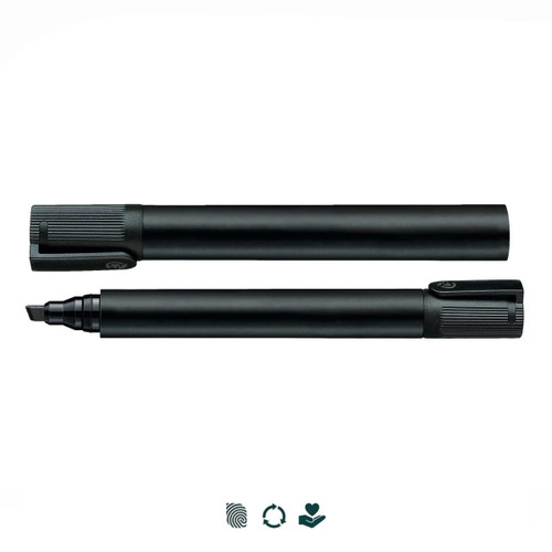 A black Staedtler Lumocolor permanent marker with a chisel tip, featuring a textured grip and a branding logo.