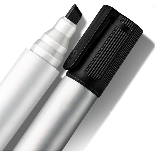 A whiteboard marker with a chisel tip, featuring a black cap and a silver barrel. It includes a logo.