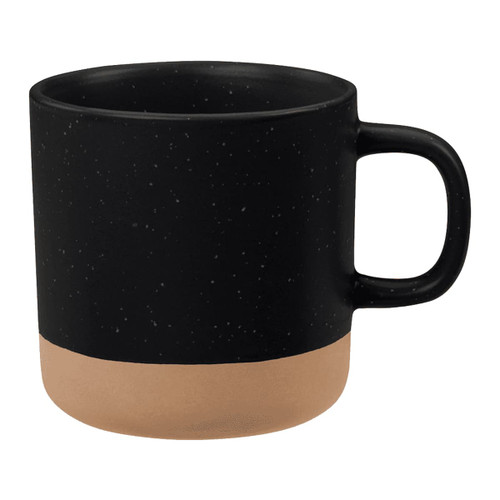 A ceramic coffee mug featuring a black upper portion with speckles and a matte tan bottom. It has a comfortable handle and a logo.