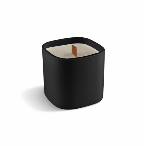 A premium square glass candle in a sleek black container with a wooden wick.