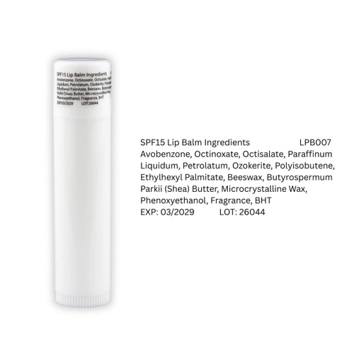 A white lip balm tube with a cylindrical shape, featuring a logo and ingredient list on the side.